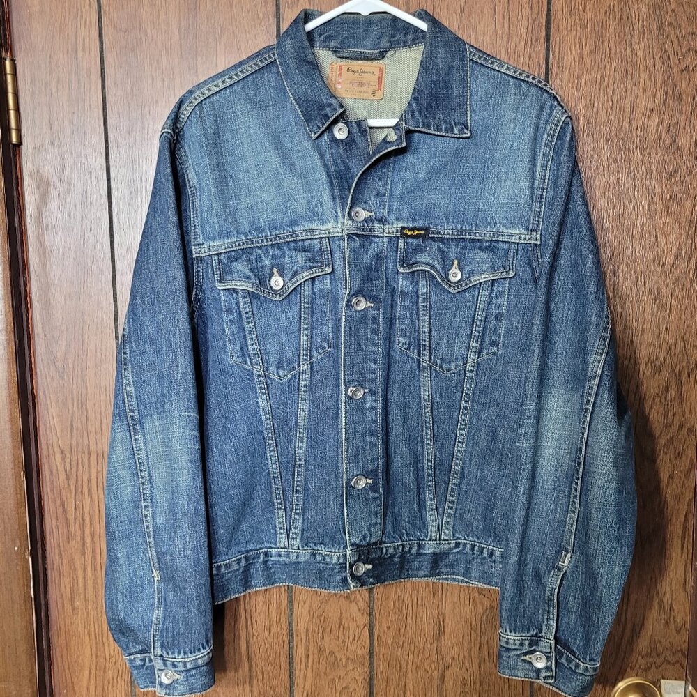 Pepe Jean Jacket VTG 90s Denim Trucker Boxy Med Wash Workwear L Button Up Heavy